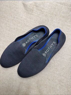 Rothy's Black/Navy Knit Women's Slip-On Flats with Royal Blue Trim